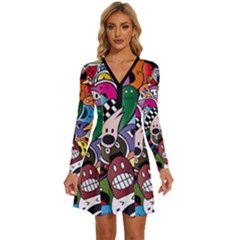 Cartoon Explosion Cartoon Characters Funny Long Sleeve Deep V Mini Dress  by Salman4z