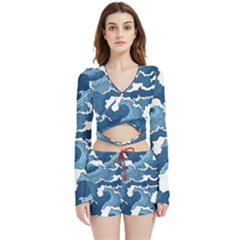 Waves Aesthetics Illustration Japanese Velvet Wrap Crop Top And Shorts Set by Salman4z