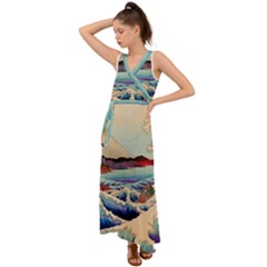 Wave Japanese Mount Fuji Woodblock Print Ocean V-neck Chiffon Maxi Dress by Salman4z