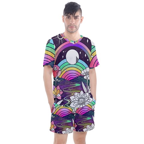 Rainbow Fun Cute Minimal Doodle Drawing Art Men s Mesh Tee And Shorts Set by Jancukart