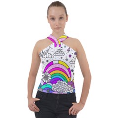 Rainbow Fun Cute Minimal Doodle Drawing 3 Cross Neck Velour Top by Jancukart