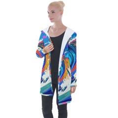 Tsunami Waves Ocean Sea Nautical Nature Water Art Longline Hooded Cardigan by Jancukart