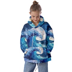 Tsunami Waves Ocean Sea Nautical Nature Water Moon Kids  Oversized Hoodie by Jancukart