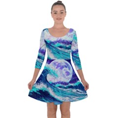 Tsunami Waves Ocean Sea Nautical Nature Water Quarter Sleeve Skater Dress by Jancukart
