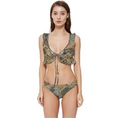 Vintage World Map Low Cut Ruffle Edge Bikini Set by Sudheng
