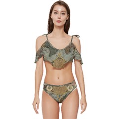 Vintage World Map Ruffle Edge Tie Up Bikini Set	 by Sudheng