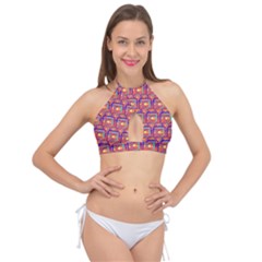 Pink Yellow Neon Squares - Modern Abstract Cross Front Halter Bikini Top by ConteMonfrey
