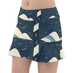 Lighthouse Abstract Ocean Sea Waves Water Blue Classic Tennis Skirt by Wegoenart