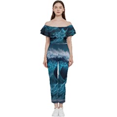 Tsunami Waves Ocean Sea Water Rough Seas Blue Off Shoulder Ruffle Top Jumpsuit by Wegoenart