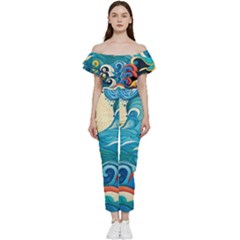 Waves Ocean Sea Abstract Whimsical Abstract Art 5 Off Shoulder Ruffle Top Jumpsuit by Wegoenart