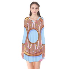 Dessert Food Donut Sweet Decor Chocolate Bread Long Sleeve V-neck Flare Dress by Uceng