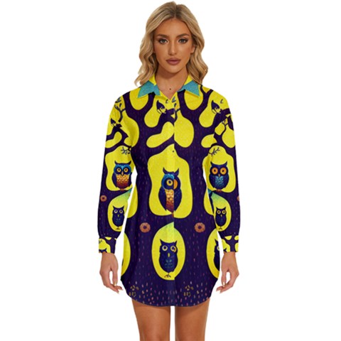 Owl Animal Cartoon Drawing Tree Nature Landscape Womens Long Sleeve Shirt Dress by Uceng