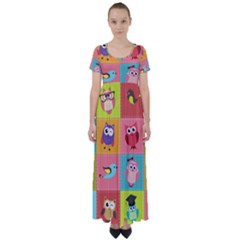 Owls Pattern Abstract Art Vector Cartoon High Waist Short Sleeve Maxi Dress by Salman4z