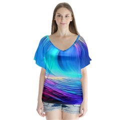 Art Fantasy Painting Colorful Pattern Design V-neck Flutter Sleeve Top by Ravend