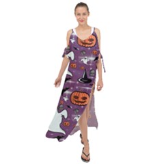 Pumpkin Ghost Witch Hat Halloween Sketch Holiday Maxi Chiffon Cover Up Dress by Ravend