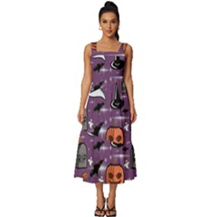 Pumpkin Ghost Witch Hat Halloween Sketch Holiday Square Neckline Tiered Midi Dress by Ravend