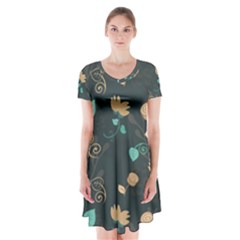 Flowers Leaves Pattern Seamless Green Background Short Sleeve V-neck Flare Dress by Ravend