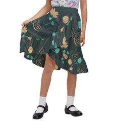 Flowers Leaves Pattern Seamless Green Background Kids  Ruffle Flared Wrap Midi Skirt by Ravend