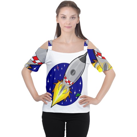 Rocket Ship Launch Vehicle Moon Cutout Shoulder Tee by Salman4z