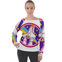 Badge Patch Pink Rainbow Rocket Off Shoulder Long Sleeve Velour Top by Salman4z
