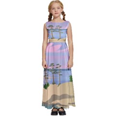 Vacation Island Sunset Sunrise Kids  Satin Sleeveless Maxi Dress by Salman4z