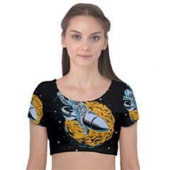 Astronaut Planet Space Science Velvet Short Sleeve Crop Top  by Salman4z