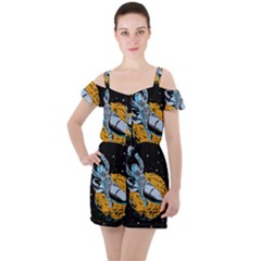 Astronaut Planet Space Science Ruffle Cut Out Chiffon Playsuit by Salman4z
