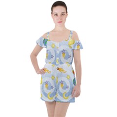 Science Fiction Outer Space Ruffle Cut Out Chiffon Playsuit by Salman4z