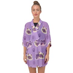 Cute Colorful Cat Kitten With Paw Yarn Ball Seamless Pattern Half Sleeve Chiffon Kimono by Salman4z