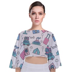 Transportation Seamless Pattern Tie Back Butterfly Sleeve Chiffon Top by Salman4z