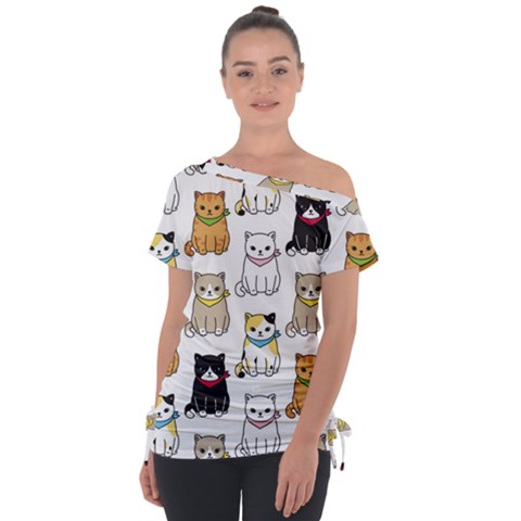 Cat Kitten Seamless Pattern Off Shoulder Tie-up Tee by Salman4z