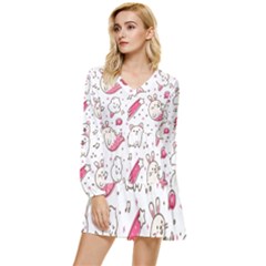 Cute Animal Seamless Pattern Kawaii Doodle Style Tiered Long Sleeve Mini Dress by Salman4z