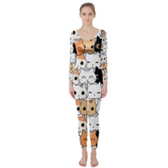 Cute-cat-kitten-cartoon-doodle-seamless-pattern Long Sleeve Catsuit by Salman4z