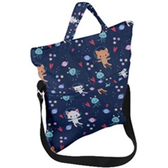 Cute-astronaut-cat-with-star-galaxy-elements-seamless-pattern Fold Over Handle Tote Bag by Salman4z