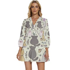 Funny Cartoon Cats Seamless Pattern V-neck Placket Mini Dress by Salman4z