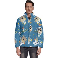 Seamless-pattern-funny-astronaut-outer-space-transportation Men s Puffer Bubble Jacket Coat by Salman4z