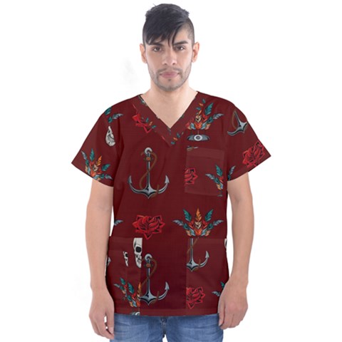 Tattoo-old-school-background-pattern Men s V-neck Scrub Top by Salman4z