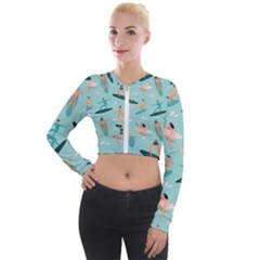 Beach-surfing-surfers-with-surfboards-surfer-rides-wave-summer-outdoors-surfboards-seamless-pattern- Long Sleeve Cropped Velvet Jacket by Salman4z
