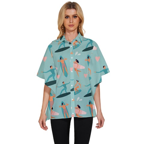 Beach-surfing-surfers-with-surfboards-surfer-rides-wave-summer-outdoors-surfboards-seamless-pattern- Women s Batwing Button Up Shirt by Salman4z