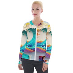 Tsunami Tidal Wave Waves Minimalist Ocean Sea Velvet Zip Up Jacket by Ravend
