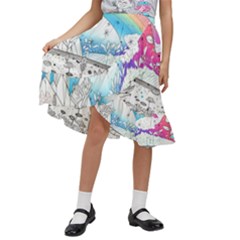 Rainbow Fun Cute Minimal Doodle Drawing Kids  Ruffle Flared Wrap Midi Skirt by Ravend