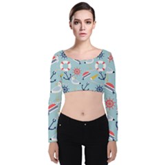 Nautical-marine-symbols-seamless-pattern Velvet Long Sleeve Crop Top by Salman4z