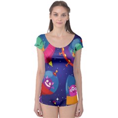Cartoon-funny-aliens-with-ufo-duck-starry-sky-set Boyleg Leotard  by Salman4z