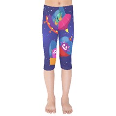 Cartoon-funny-aliens-with-ufo-duck-starry-sky-set Kids  Capri Leggings  by Salman4z