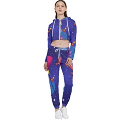 Cartoon-funny-aliens-with-ufo-duck-starry-sky-set Cropped Zip Up Lounge Set by Salman4z