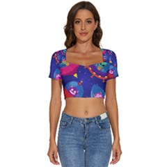 Cartoon-funny-aliens-with-ufo-duck-starry-sky-set Short Sleeve Square Neckline Crop Top  by Salman4z