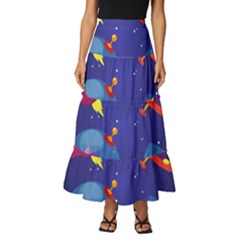 Cartoon-funny-aliens-with-ufo-duck-starry-sky-set Tiered Ruffle Maxi Skirt by Salman4z