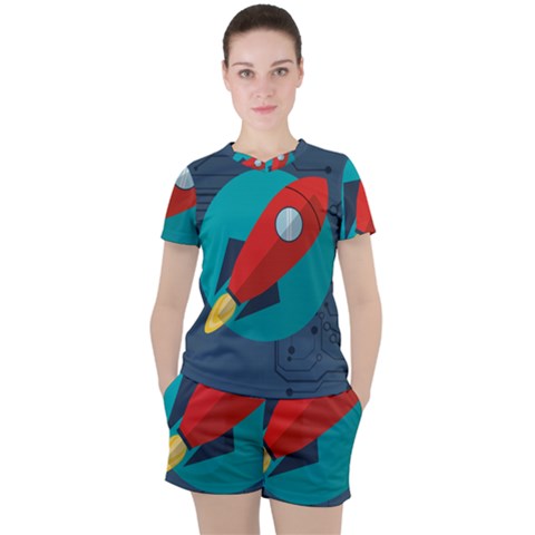 Rocket-with-science-related-icons-image Women s Tee And Shorts Set by Salman4z