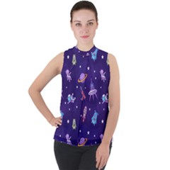 Space-seamless-pattern Mock Neck Chiffon Sleeveless Top by Salman4z