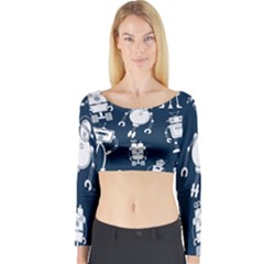 White-robot-blue-seamless-pattern Long Sleeve Crop Top by Salman4z